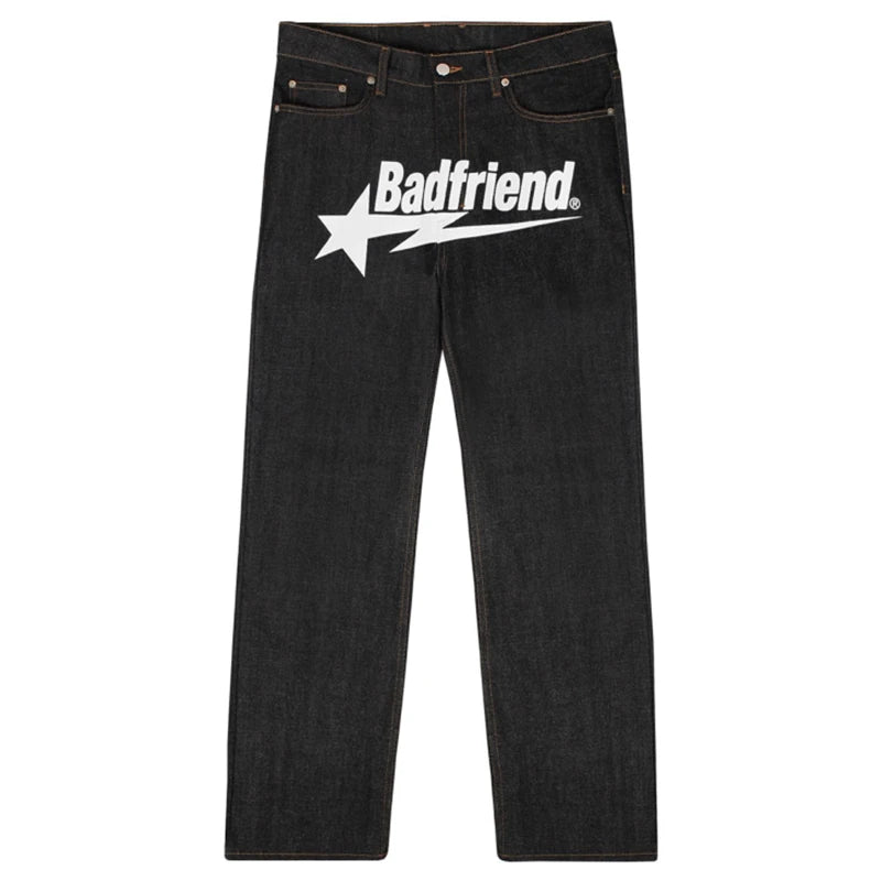 Y2k Men Retro Harajuku Clothing  New Baggy Casual Wide Leg Jeans Hip Hop Print Jeans Trend Fashion Black High Waist Jean