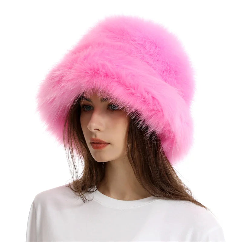 Warm Plush Bucket Hat Women Oversize Earflaps Fluffy Faux Fur Hats Fashion Furry Raccoon Fur Cotton Hat Winter Solid Color Hats