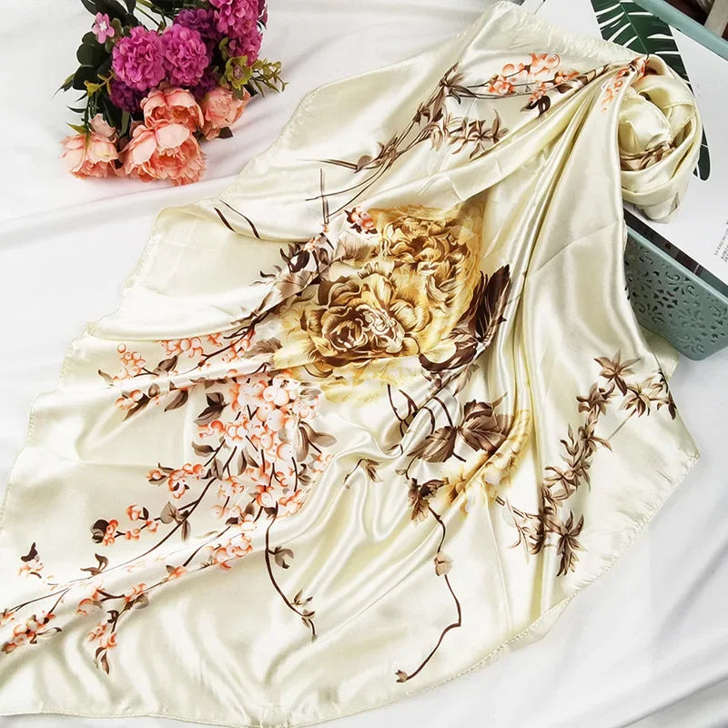90cm Neckerchief Silk Satin Women Hijab Scaves Fashion Floral Print Headband Neck Scarfs Female Square Shawls Scarfs for Ladies