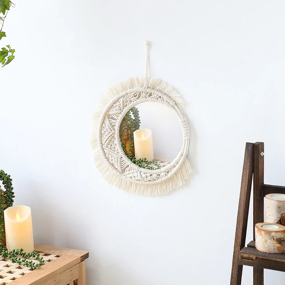 Boho Decorative Mirrors Macrame  Round Mirror Aesthetic Room Decor Hanging Wall Mirror for Bedroom Living Room House Decoration
