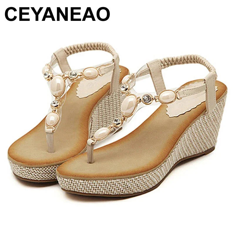 CEYANEAO  Women Sandals Bohemia Diamond Wedges Gladiator Beach Sandal Flip Flops Summer Student Shoes Sandals Women YDT533