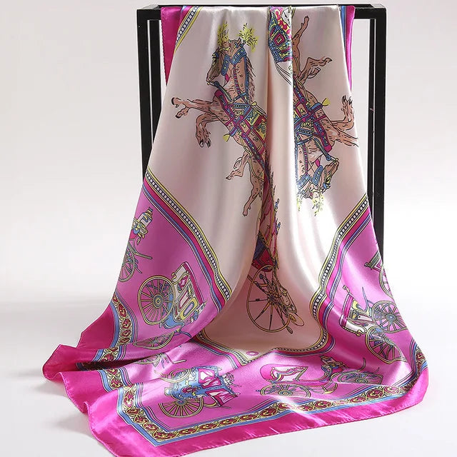 90cm Fashion Silk Satin Scarf for Women Headband Floral Print Kerchief Hijab Scarves Fermale Square Shawls and Wraps Neck Scarfs