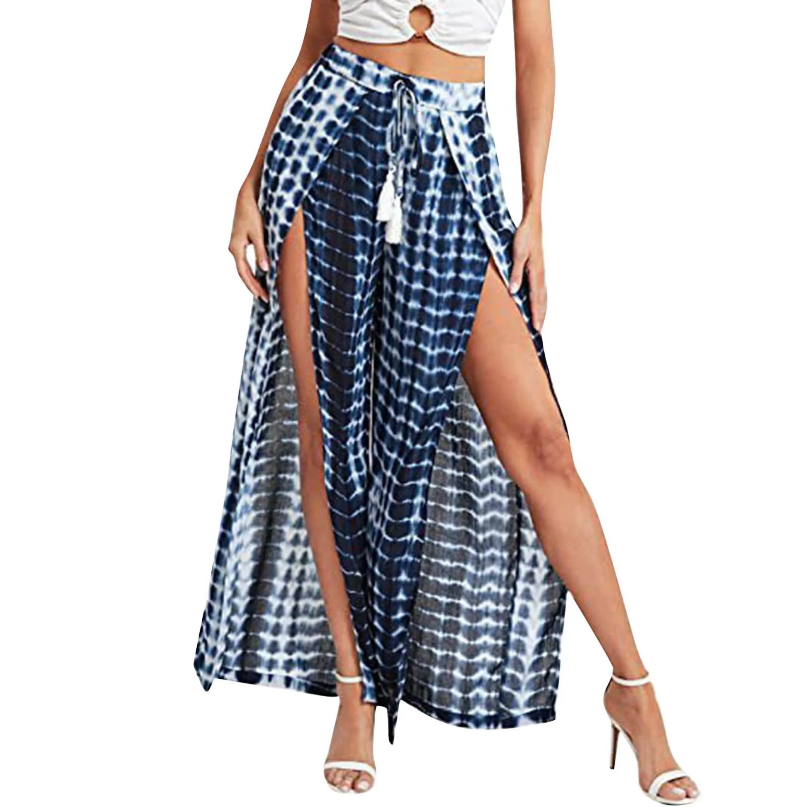 Women'S Clothing Leopard Print Vent Casual Tassel Lace Up Waist Wide Leg Pants Soft Comfort Trousers for Beach Summer Vacation