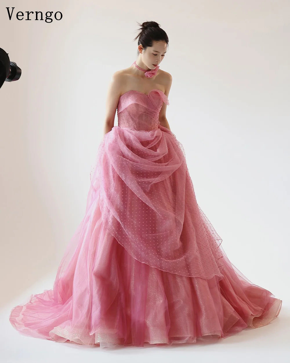 Verngo Pink Tulle Wedding Dress Strapless a Line Colorful Bridal Gowns Women Elegant Korea Photo Bride Dresses Customized - My Store