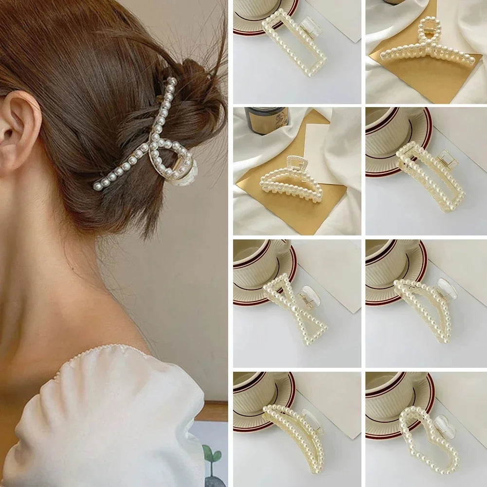 2pcs Elegant Pearls Beads Hairpin for Women Cute Geometric Hair Claw Barrettes Headwear Horsetail Hair Clips Hair Accessories