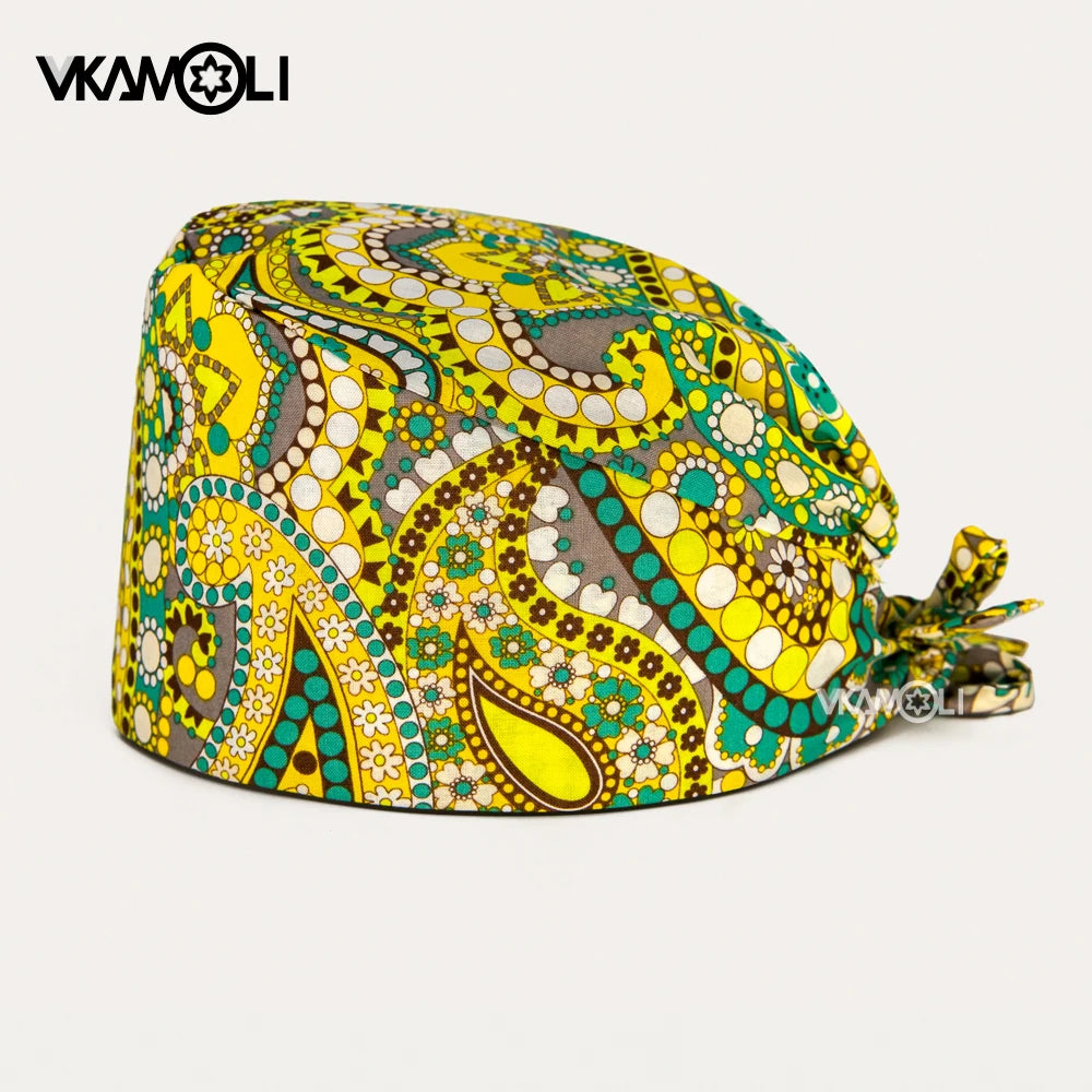 Flower Printing Scrub Caps Dental Print Scrubs Hat 100% Cotton Women Men Dust Proof Vet Dentist  Working Hats Tie Back Cap