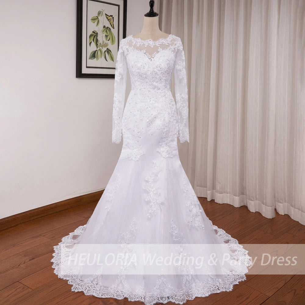 Mermaid Wedding Dresses Long Sleeve O Neck White Wedding Dress Lace Applique Beading Bride Dress Robe De Mariage Customize - My Store