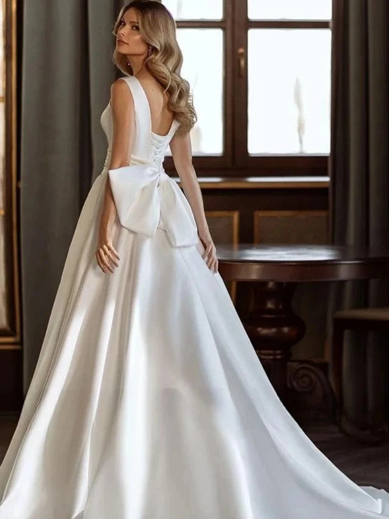Modern Fashion Wedding Dresses Lustrous Satin Bridal Gowns Bow Decorate Simple Robe V-Neck Backless Vestidos De Novia Customized - My Store