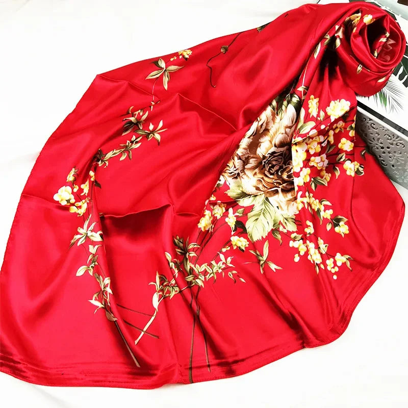 90cm Neckerchief Silk Satin Women Hijab Scaves Fashion Floral Print Headband Neck Scarfs Female Square Shawls Scarfs for Ladies