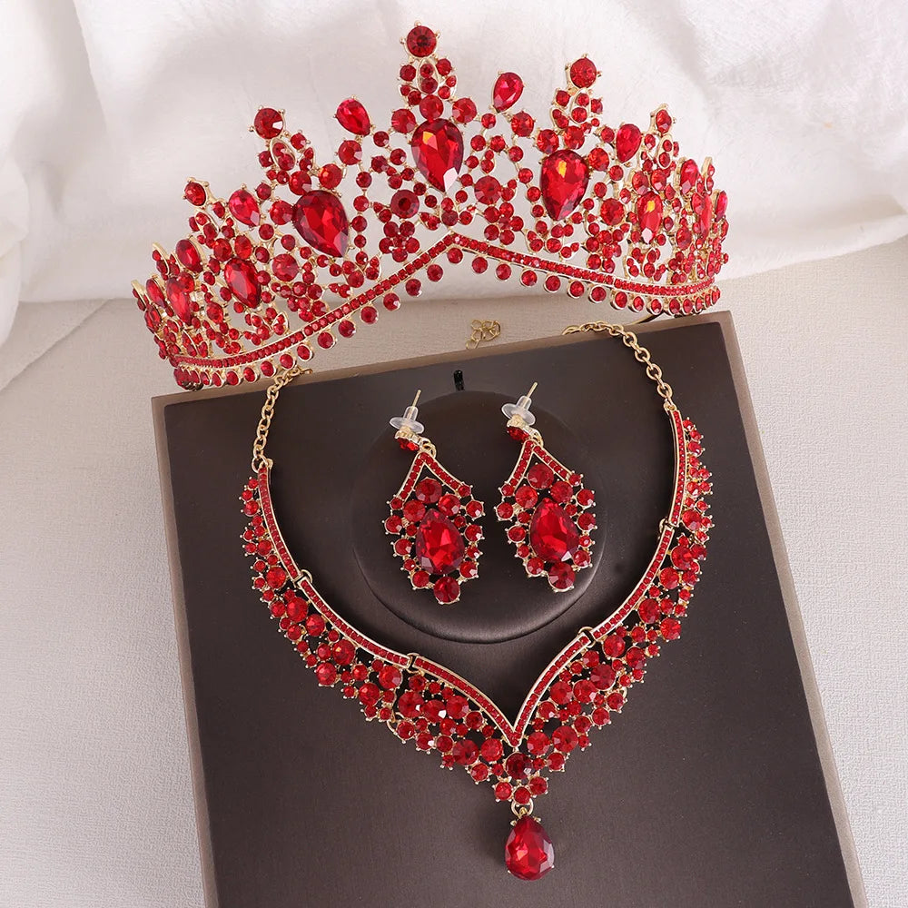 Baroque Crystal Water Drop Bridal Jewelry Sets Rhinestone Tiaras Crown Necklace Earrings for Bride Wedding Dubai Jewelry Set