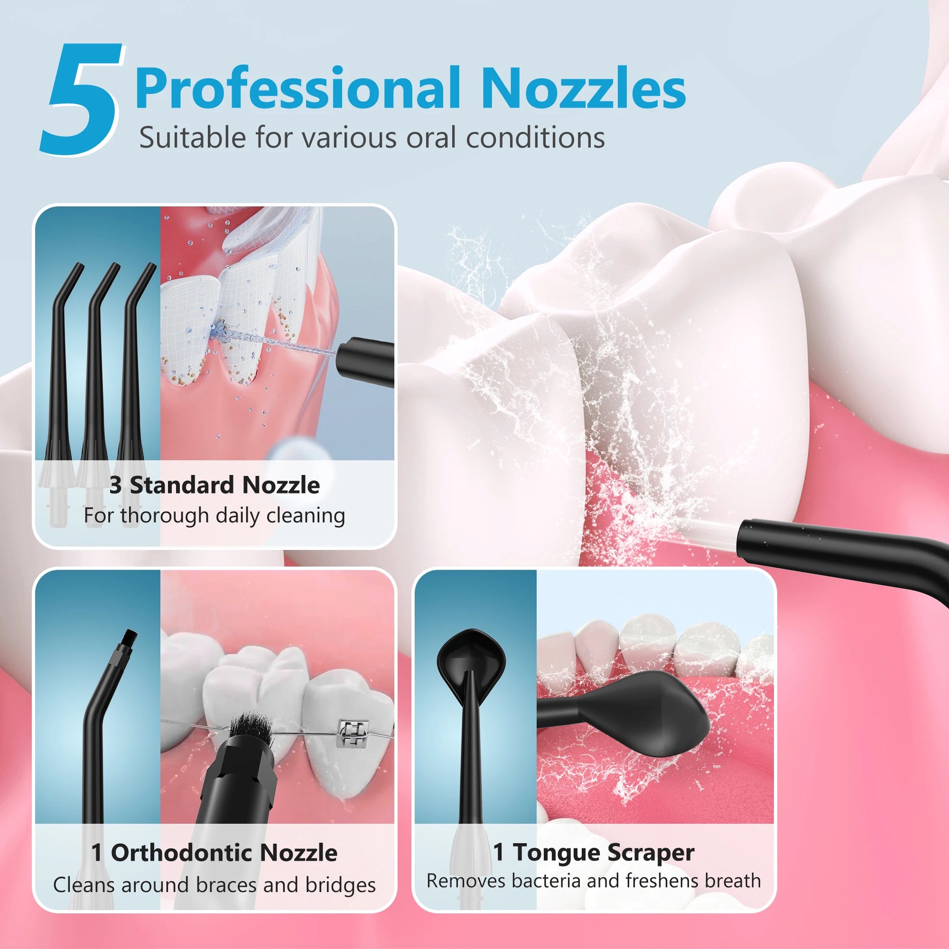 Sejoy Water Dental Flosser Oral Irrigator for Teeth 300ml Water Tank 5 Modes 5 Nozzels Teeth Cleaner Rechargeable Dental Floss