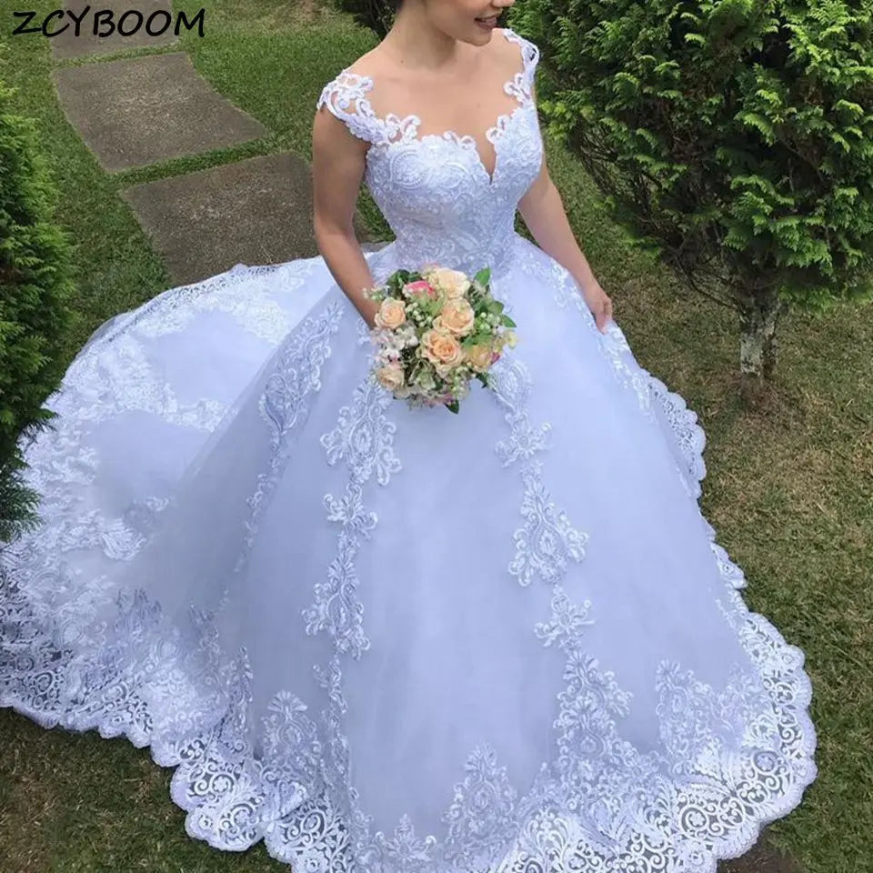 Customized 2025 New Illusion Ball Gown Long Wedding Dress Short Sleeves Bride Dresses Princess Tulle Elegant Wedding Gowns - My Store