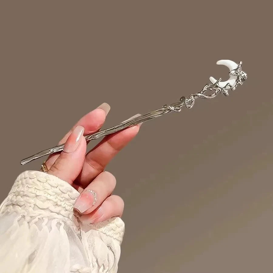 Romantic Moonstone Star Moon Hair Stick Metal Branch Hairpin Hair Fork Chinese Style Hair Accessories for Girls Hair Jewelry