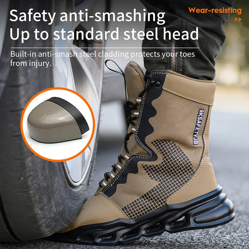 Construction Work Boots Men High Top Steel Toe Safety Shoes Non Slip Puncture Proof Rubber Work Boots Indestructible Combat Boot