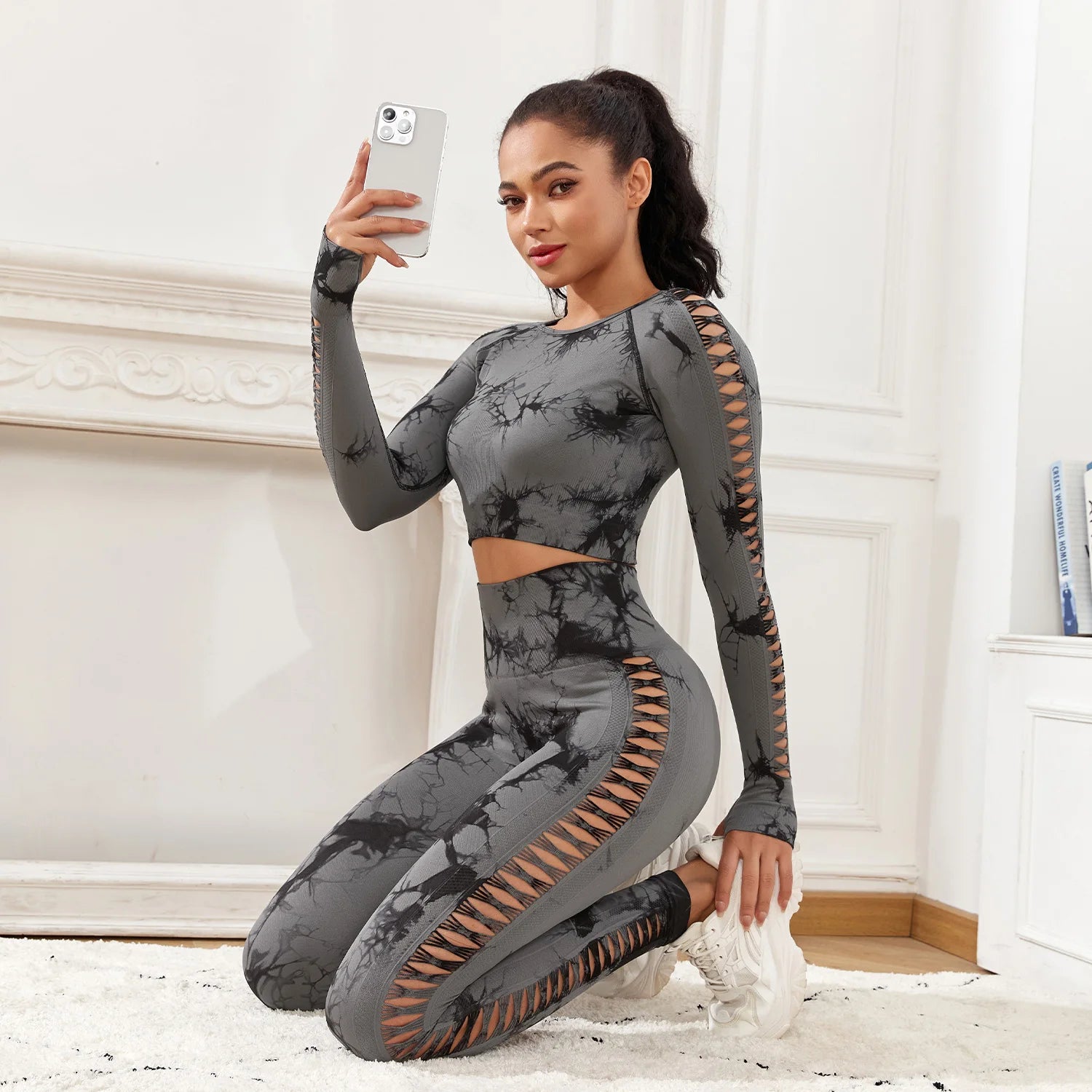 CHRLEISURE Seamless Tie Dye Sports Set Hollow Out Yoga Suit Fitness Top With Workout Leggings Activewear