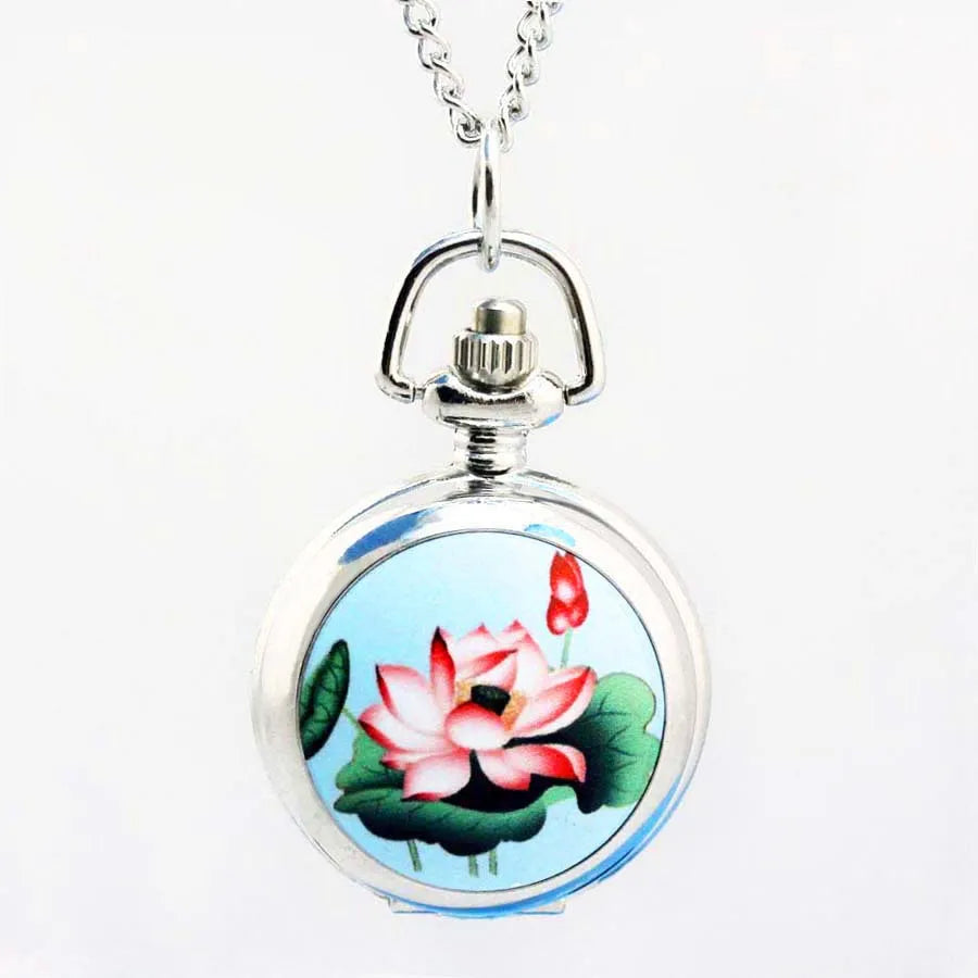 Shsby Vintage Pocket Watches  Flower Fashion Silver Chain Necklace Quartz Watch Women Dress Watches Children's Cartoon Watches