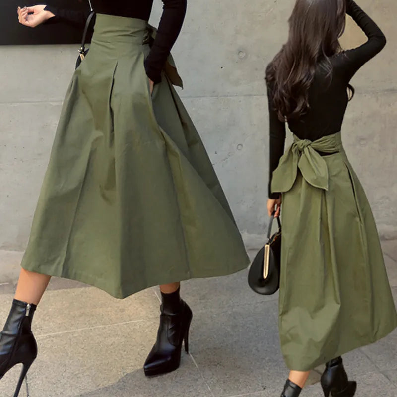 New Autumn Black Skirts Womens Korean Fashion Solid Color Big Swing Female Skirt Long Skirt Wild High Waist Bow Slim Skirts