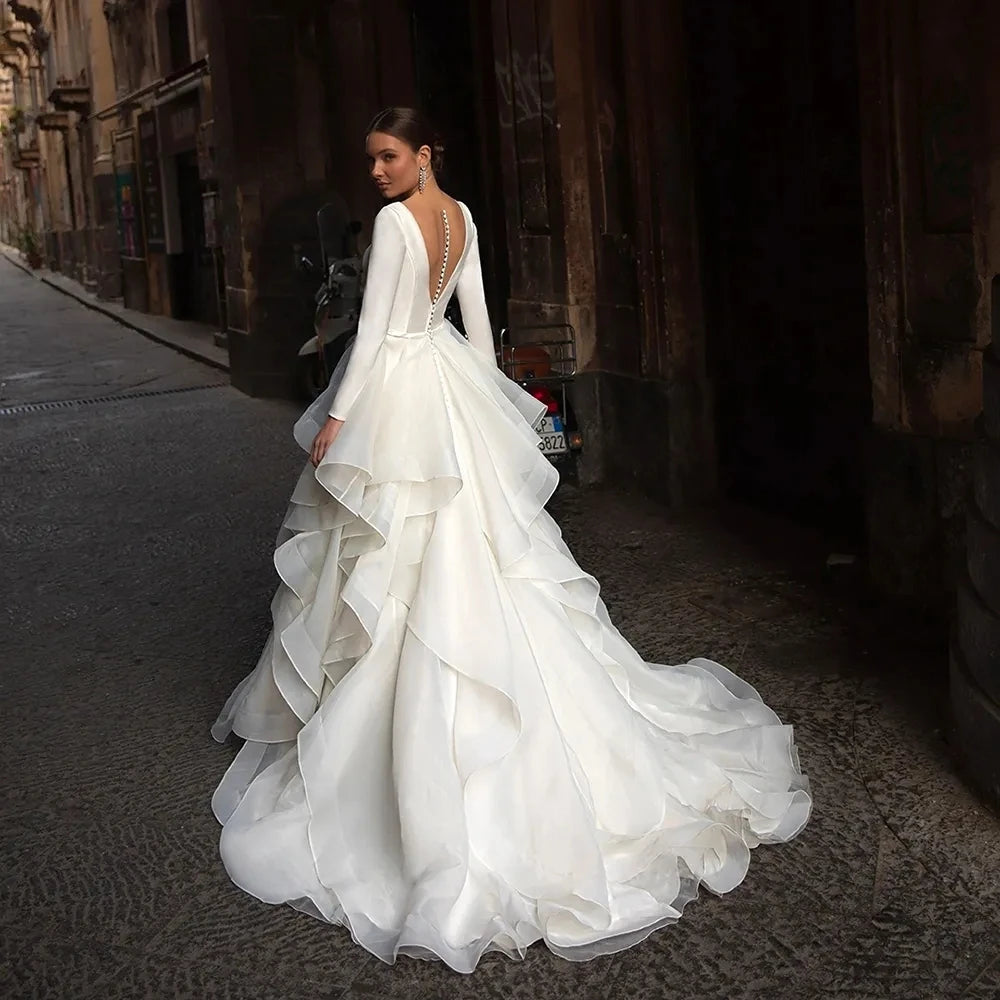 Gorgeous Wedding Dresses 2024 V-Neck Backless Modern Robes Long Sleeves Tiered Pleat Gowns Luxury Vestidos De Novia Customized - My Store
