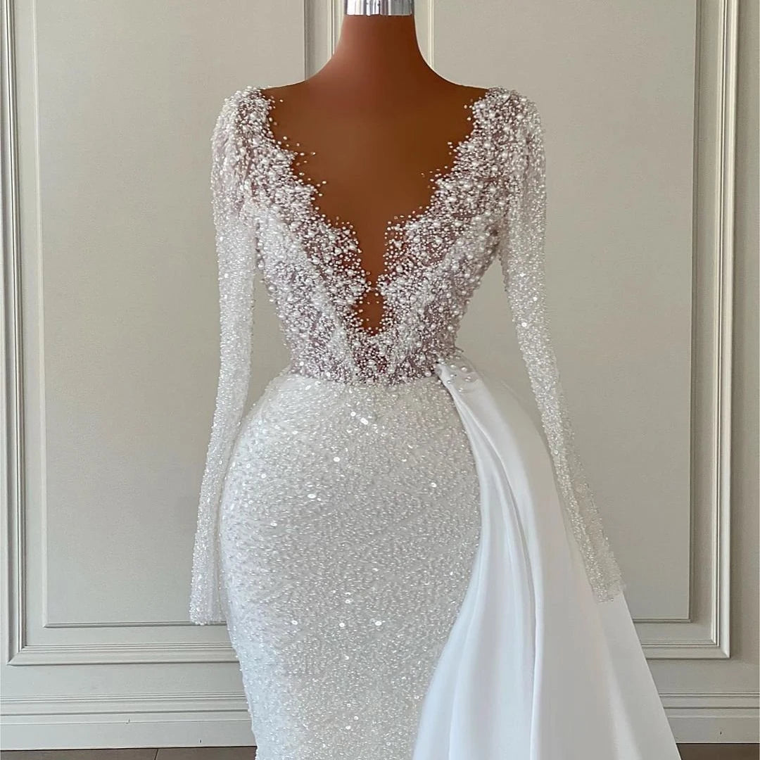 Eightre White Mermaid Wedding Dresses Boho Sequines Glitter Bride Dress V-Neck Long Sleeve Wedding Evening Prom Gowns Customized - My Store
