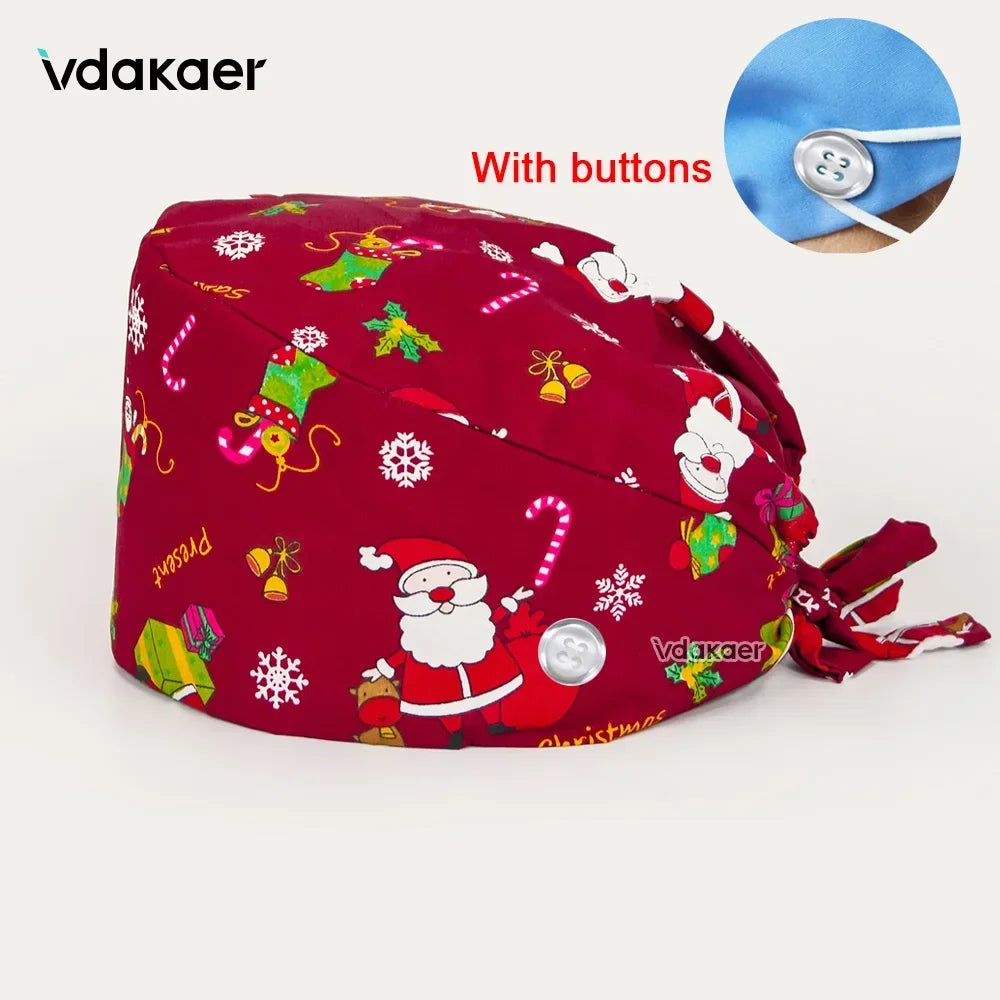 With Buttons Santa Claus Print Hats Adjustable Scrub Cap Beauty Salon Nursing Cap Laboratory Accessories Scrubs Christmas Hats