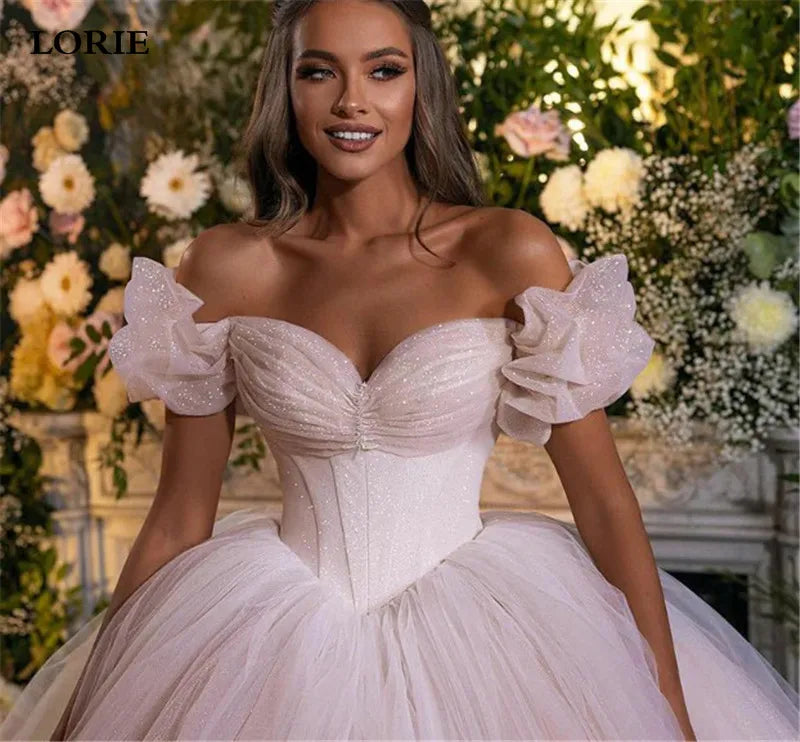 LORIE Shiny Glitter Princess Wedding Dresses Ball Gown Off the Shoulder Bride Dress Sweetheart Neck Dubai Wedding Gowns 2024 - My Store
