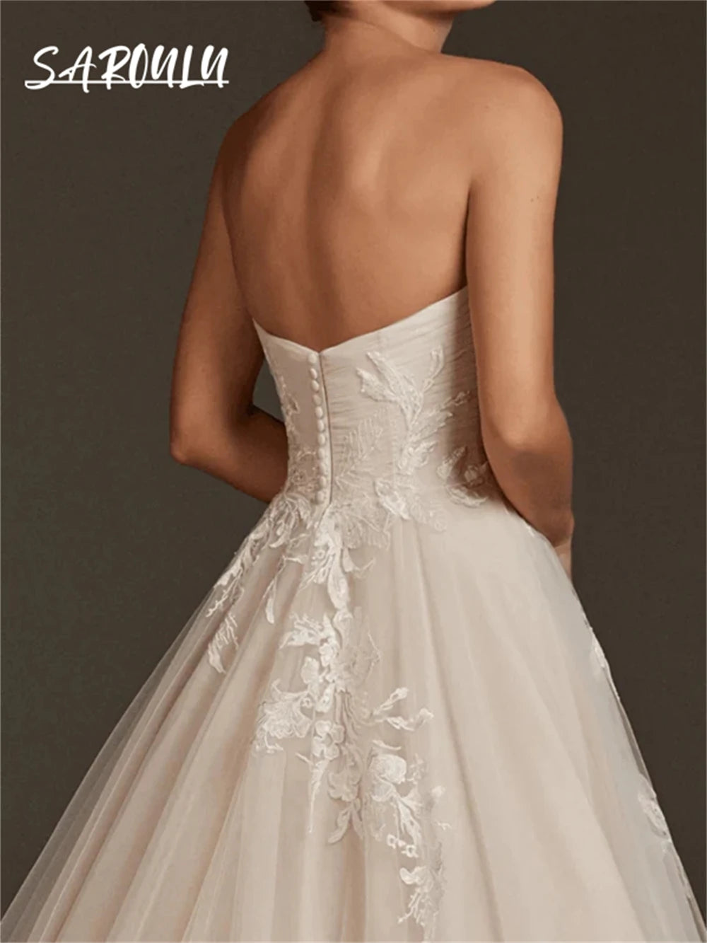 Light Champagne Lining Wedding Dress for Women 2024 Tulle With Lace Appliques Strapless Bride Dresses Robe De Mariee Bridal Gown - My Store