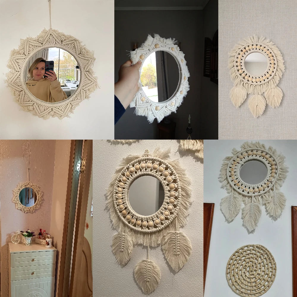Wall Mirror Macrame Decorative Mirrors Boho Home Decor Wall Hanging Mirror for Living Room Decoration Bedroom Baby Nursery Gift
