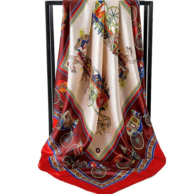 90cm Fashion Silk Satin Scarf for Women Headband Floral Print Kerchief Hijab Scarves Fermale Square Shawls and Wraps Neck Scarfs