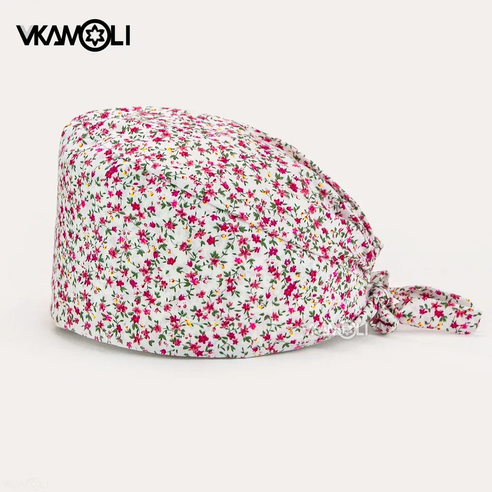 Flower Printing Scrub Caps Dental Print Scrubs Hat 100% Cotton Women Men Dust Proof Vet Dentist  Working Hats Tie Back Cap