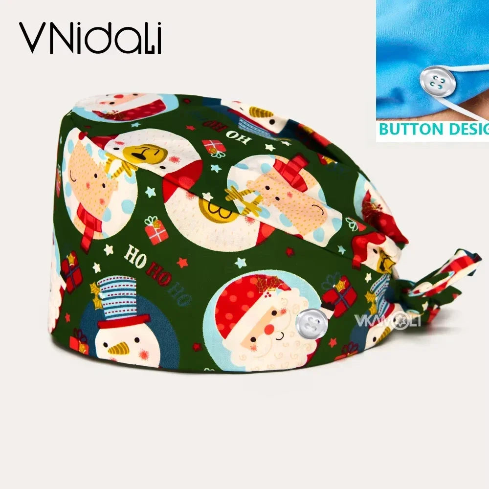 With Buttons Santa Claus Print Hats Adjustable Scrub Cap Beauty Salon Nursing Cap Laboratory Accessories Scrubs Christmas Hats