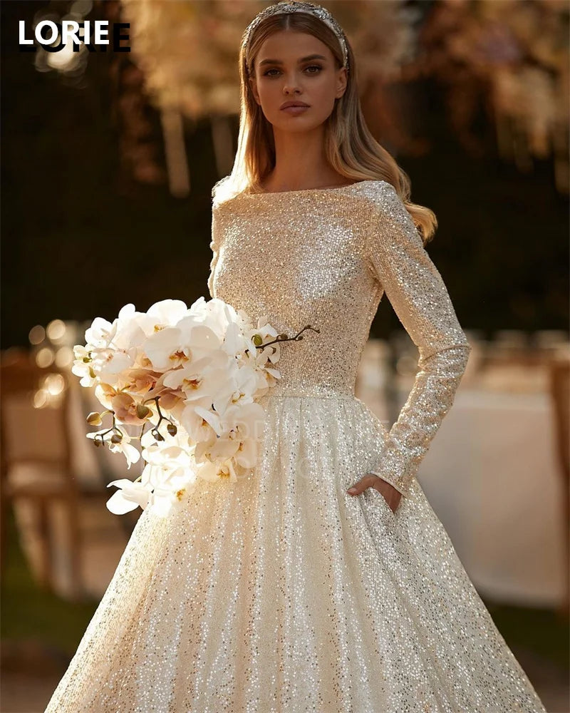 LORIE Shiny Glitter Wedding Dresses With Long Sleeve Bridal Dress a Line Sequins Bride Wedding Gowns 2024 - My Store