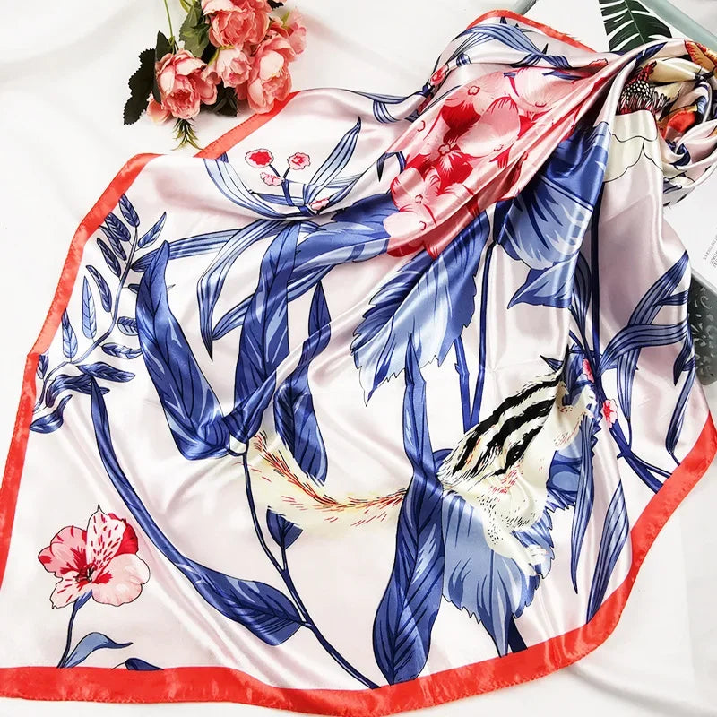 90cm Neckerchief Silk Satin Women Hijab Scaves Fashion Floral Print Headband Neck Scarfs Female Square Shawls Scarfs for Ladies
