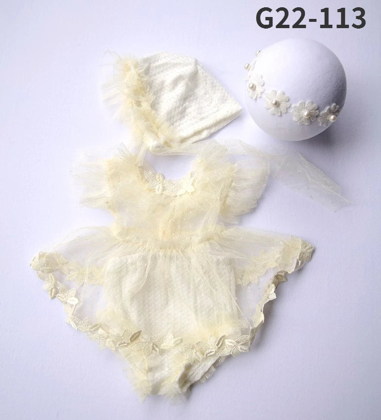 0-3Month Baby Newborn Photography Props Baby Hat Baby Girl Lace Romper Bodysuits Outfit  Photography Clothing