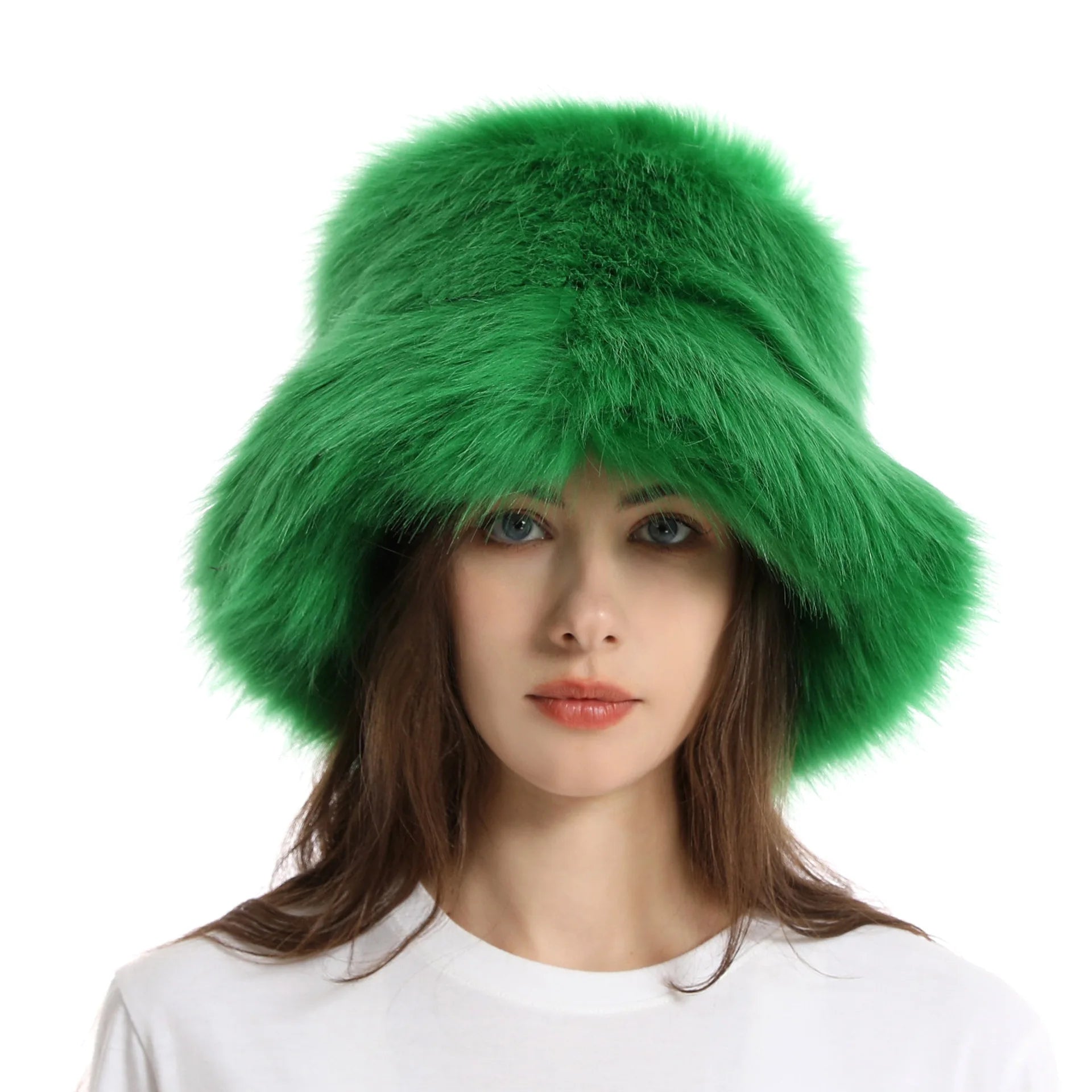 Warm Plush Bucket Hat Women Oversize Earflaps Fluffy Faux Fur Hats Fashion Furry Raccoon Fur Cotton Hat Winter Solid Color Hats