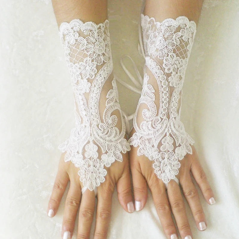 White Black Lace Flower Wedding Gloves Bridal Women Hook Finger Fingerless Gloves Banquet Party Photography Clothing Accessories