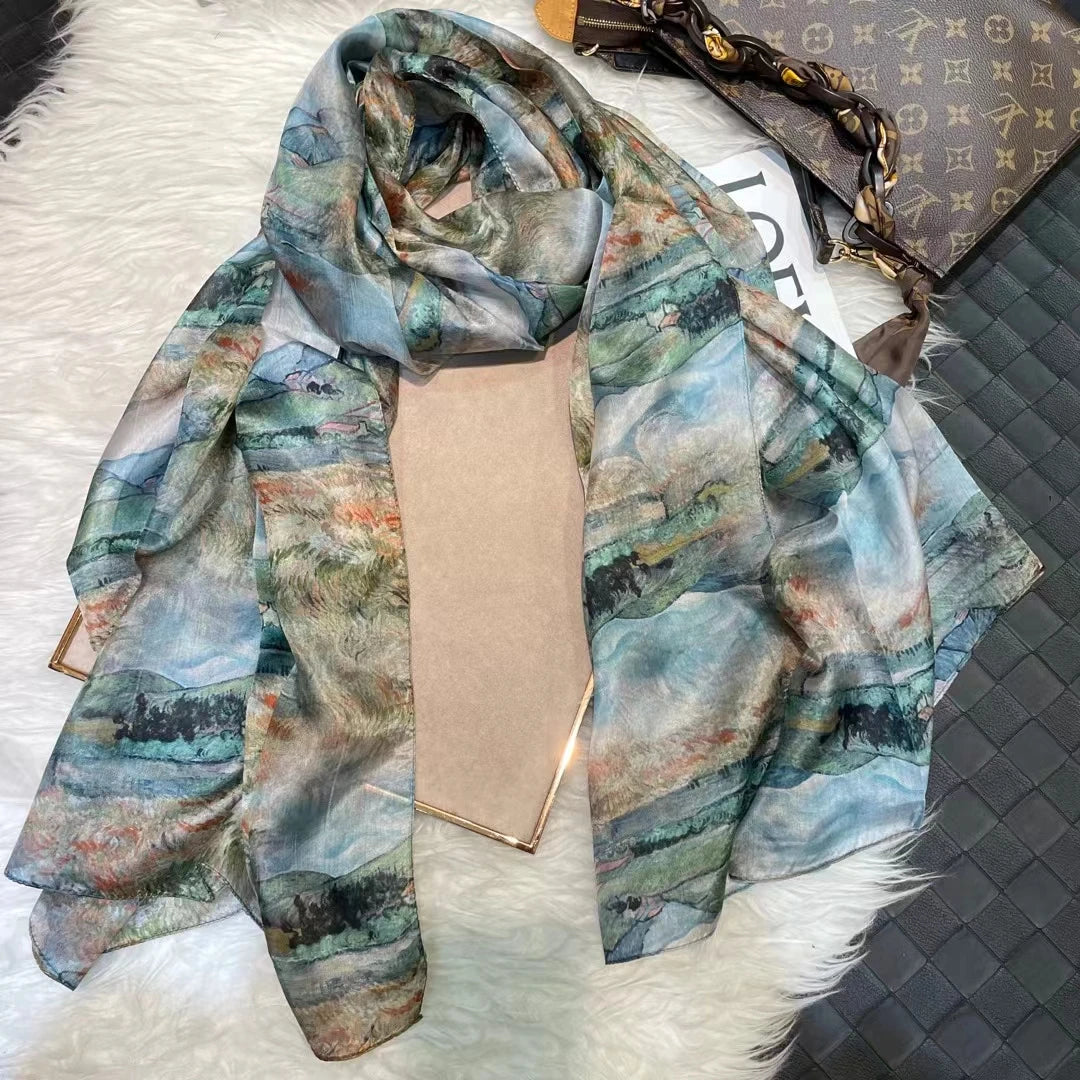 BYSIFA| Light Green Silk Scarf Ladies Fashion Spring Summer Floral Beach Scarves Shawls Fall Winter Long Scarves Wraps 180*110cm