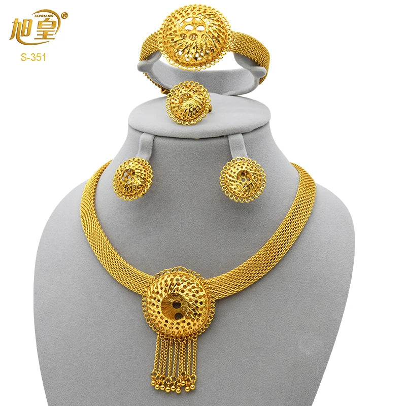 XUHUANG African Necklaces Bracelets Earing Sets Nigerian Wedding Jewelry Set Ethiopian Gold Colour Necklace Jewellery Set Gifts