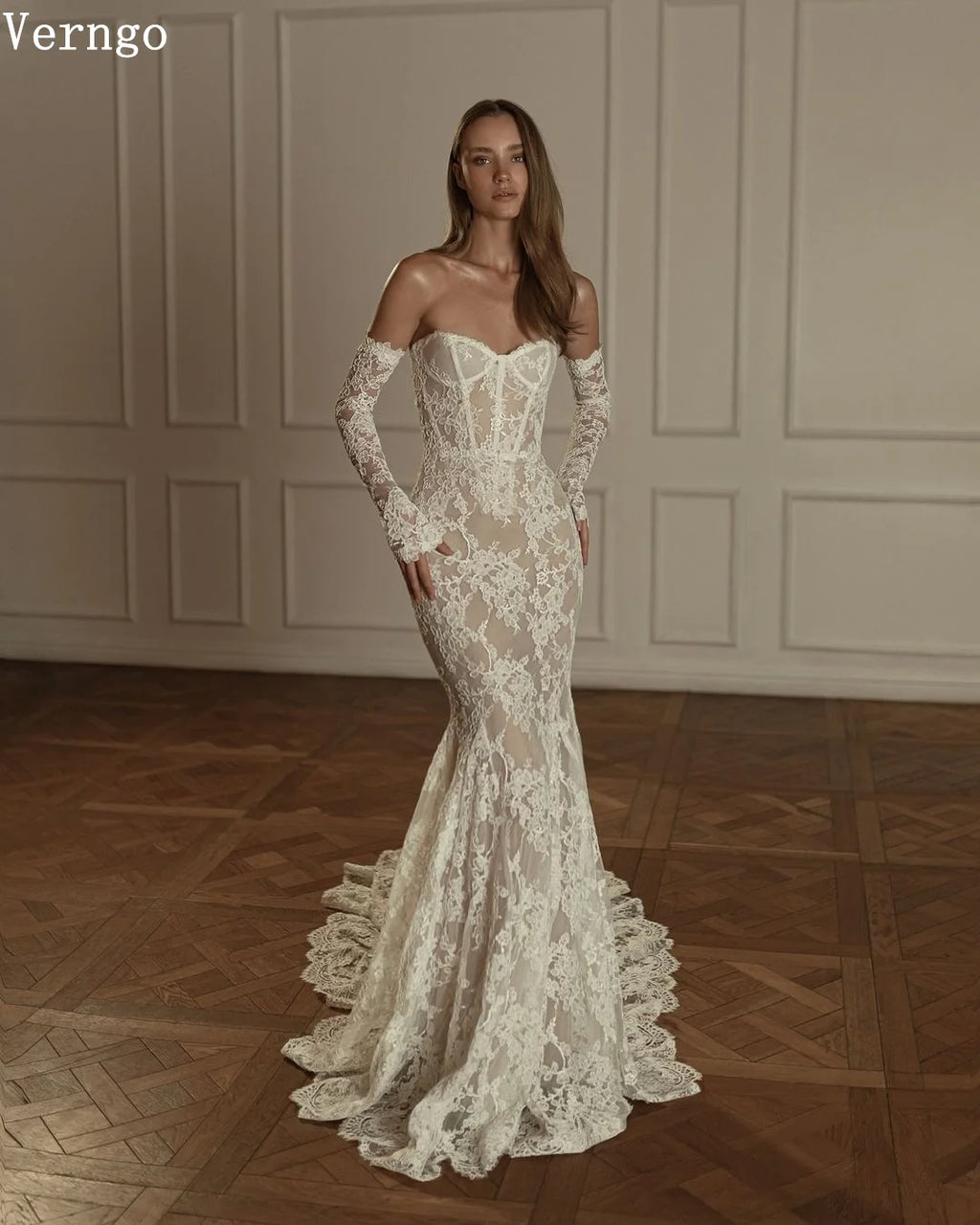 Verngo Lace Strapless Wedding Dress Appliques Mermaid Luxury Bridal Gowns Sweap Train Elegant Slim Bride Dresses 2025 - My Store