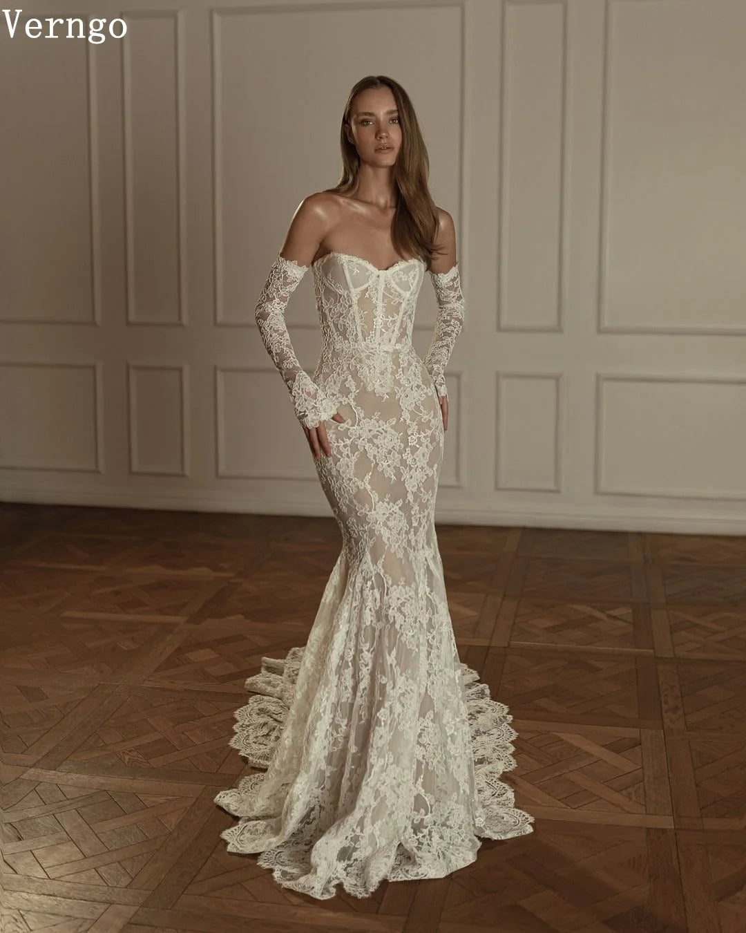 Verngo Lace Strapless Wedding Dress Appliques Mermaid Luxury Bridal Gowns Sweap Train Elegant Slim Bride Dresses 2025 - My Store