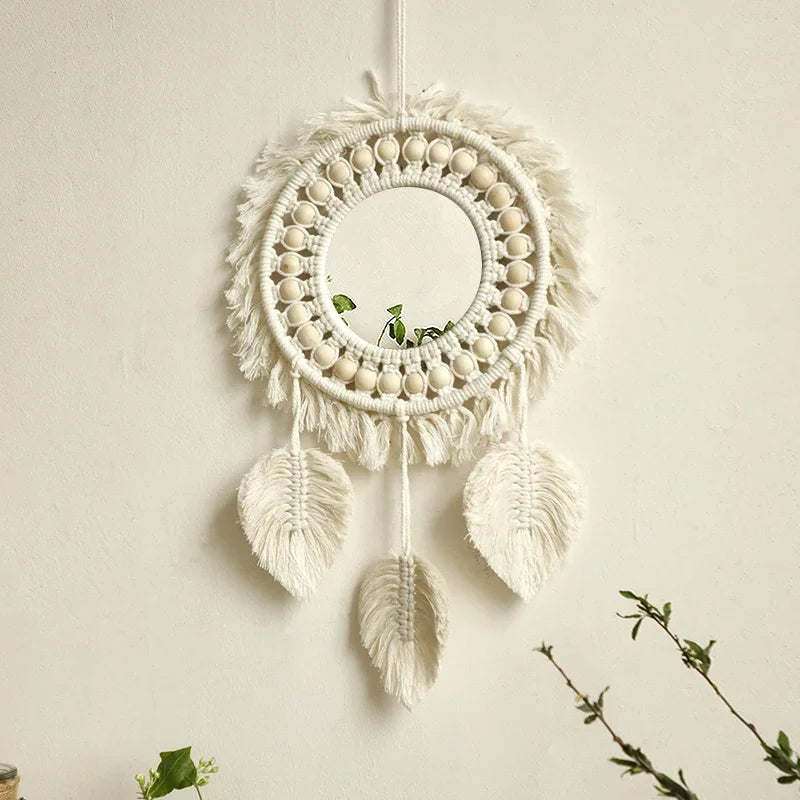 Boho Decorative Mirrors Macrame  Round Mirror Aesthetic Room Decor Hanging Wall Mirror for Bedroom Living Room House Decoration