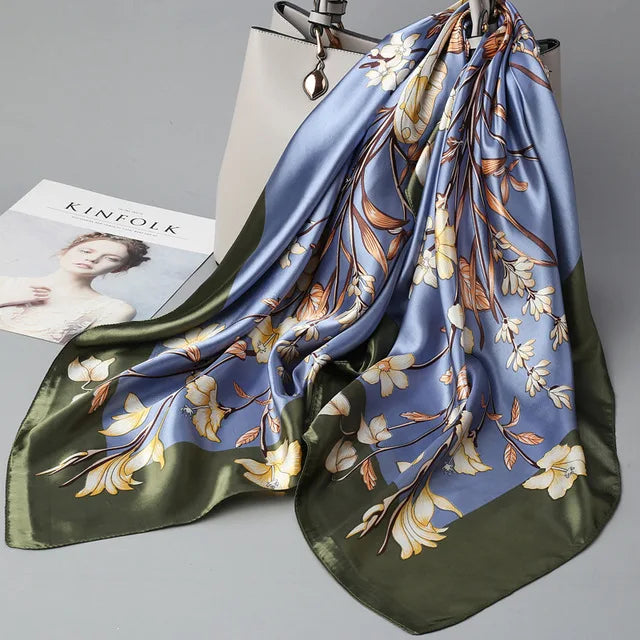 Fashion Kerchief Silk Satin Neck Scarf for Women Print Hijab Scarfs Female 90*90cm Square Shawls and Wraps Scarves for Lady