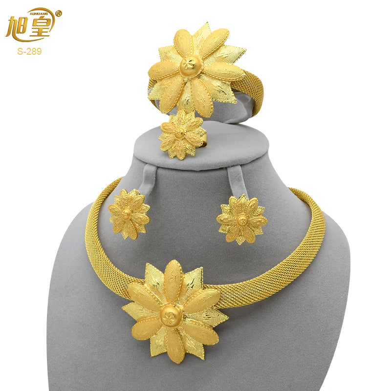 XUHUANG African Necklaces Bracelets Earing Sets Nigerian Wedding Jewelry Set Ethiopian Gold Colour Necklace Jewellery Set Gifts