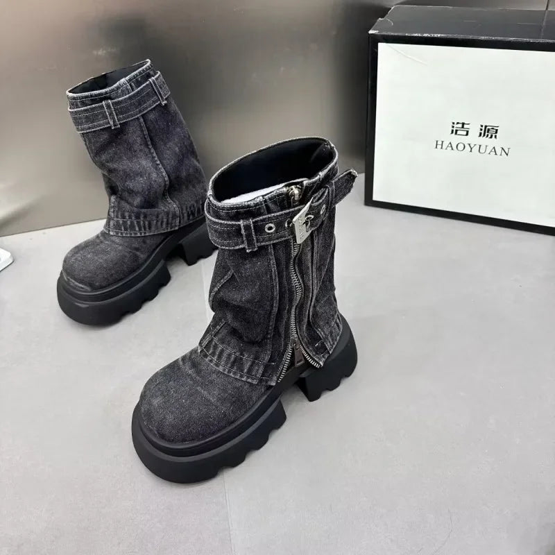 Denim Women Boots for Cowboy Mid-Calf Boots Zipper Ladies Platform Boots Mid Heels Designer Shoes 2024 Motorcycle Boot Zapatos