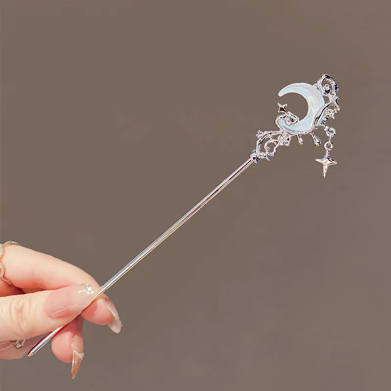 Romantic Moonstone Star Moon Hair Stick Metal Branch Hairpin Hair Fork Chinese Style Hair Accessories for Girls Hair Jewelry