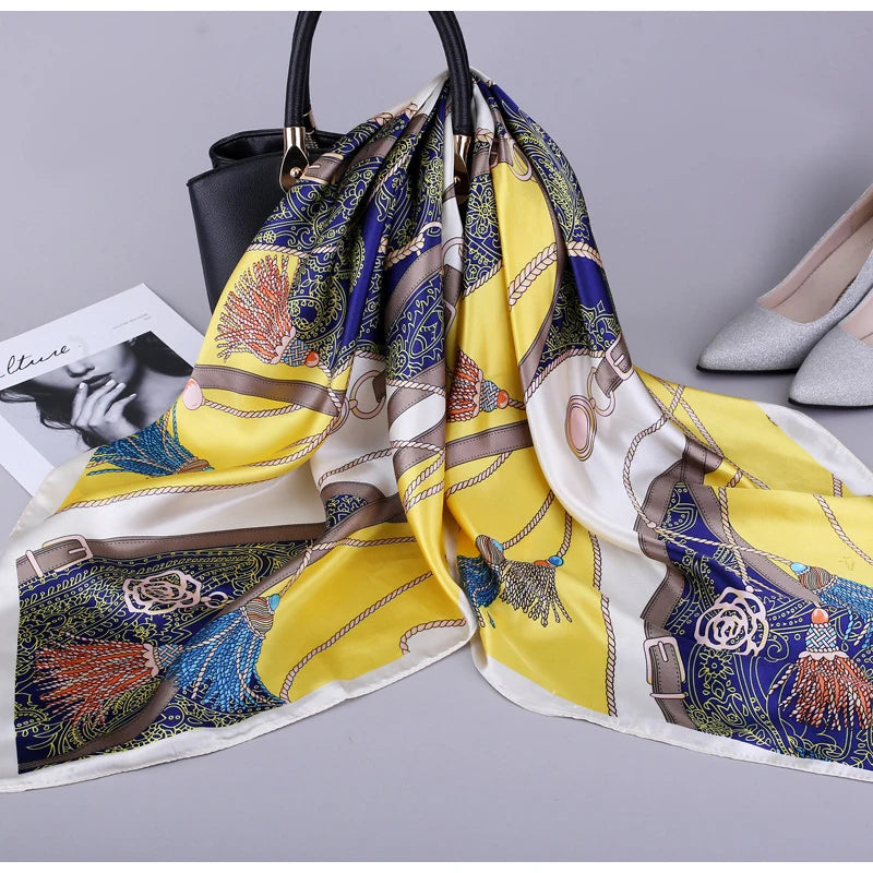 Fashion Kerchief Silk Satin Neck Scarf for Women Print Hijab Scarfs Female 90*90cm Square Shawls and Wraps Scarves for Lady