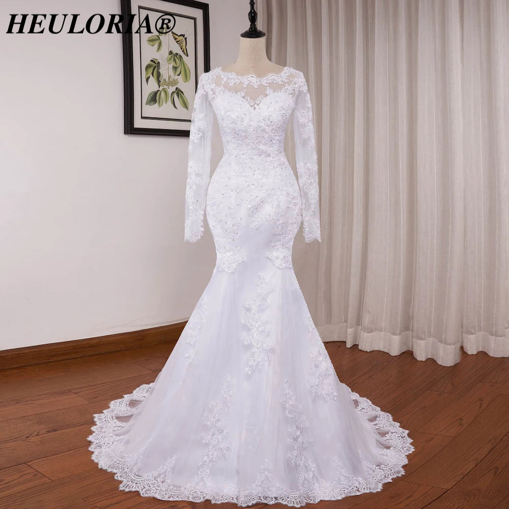 Mermaid Wedding Dresses Long Sleeve O Neck White Wedding Dress Lace Applique Beading Bride Dress Robe De Mariage Customize - My Store