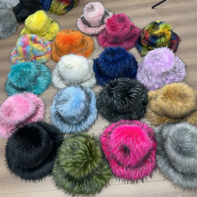 Winter Warm Plush Bucket Hat Women Oversize Earflaps Fluffy Faux Fur Hats Fashion Furry Raccoon Fur Cotton Hat Solid Color Hats