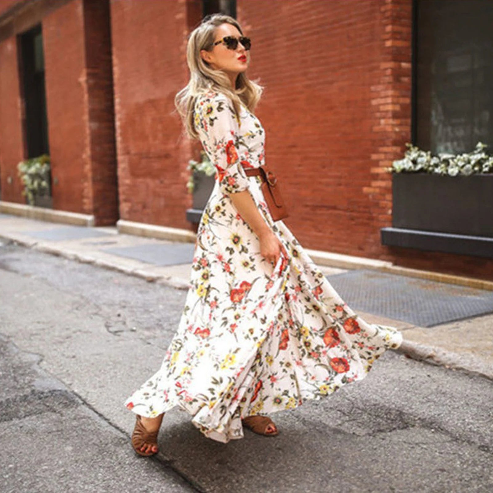 Spring Autumn Oversized  Floral Printing Lace Up Dress Female Long Sleeve Waist A-Line Robe Women's Loose Casual Vestidos