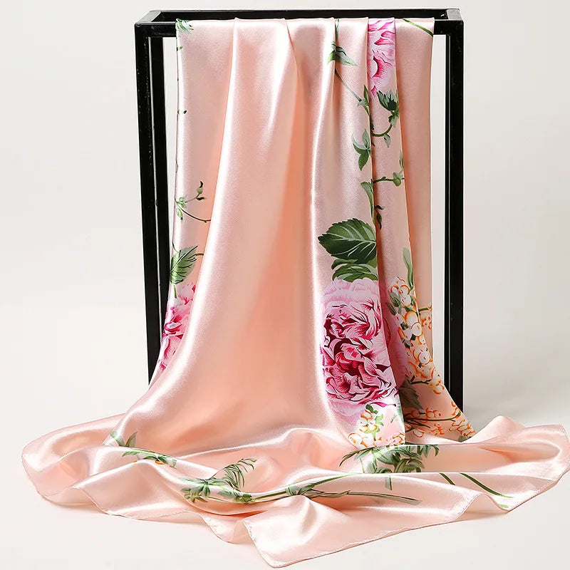 90cm Fashion Silk Satin Scarf for Women Headband Floral Print Kerchief Hijab Scarves Fermale Square Shawls and Wraps Neck Scarfs