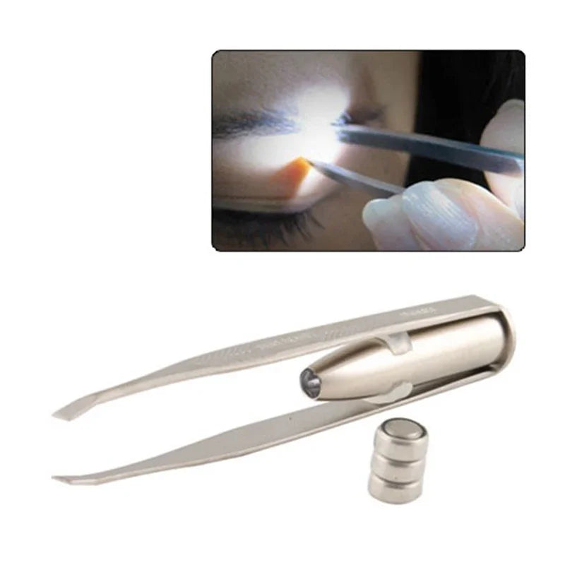 Professional Stainless Steel Makeup LED Light Slant Tip Hair Removal Eyelashes Eyebrow Tweezers Makeup Tool With Battery - My Store